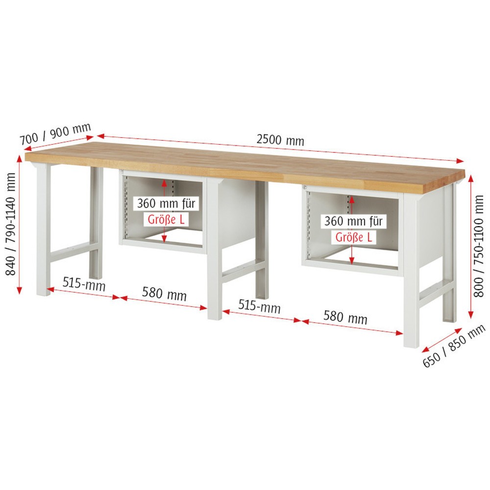 Immagine del prodotto n. 6: Banco da lavoro RAU serie 7000, 2 contenitori, AxLxP 790-1.140 x 2.500 x 700 mm, 4 cassetti estraibili al 90% 2 x 150 mm, 2 x 210 mm