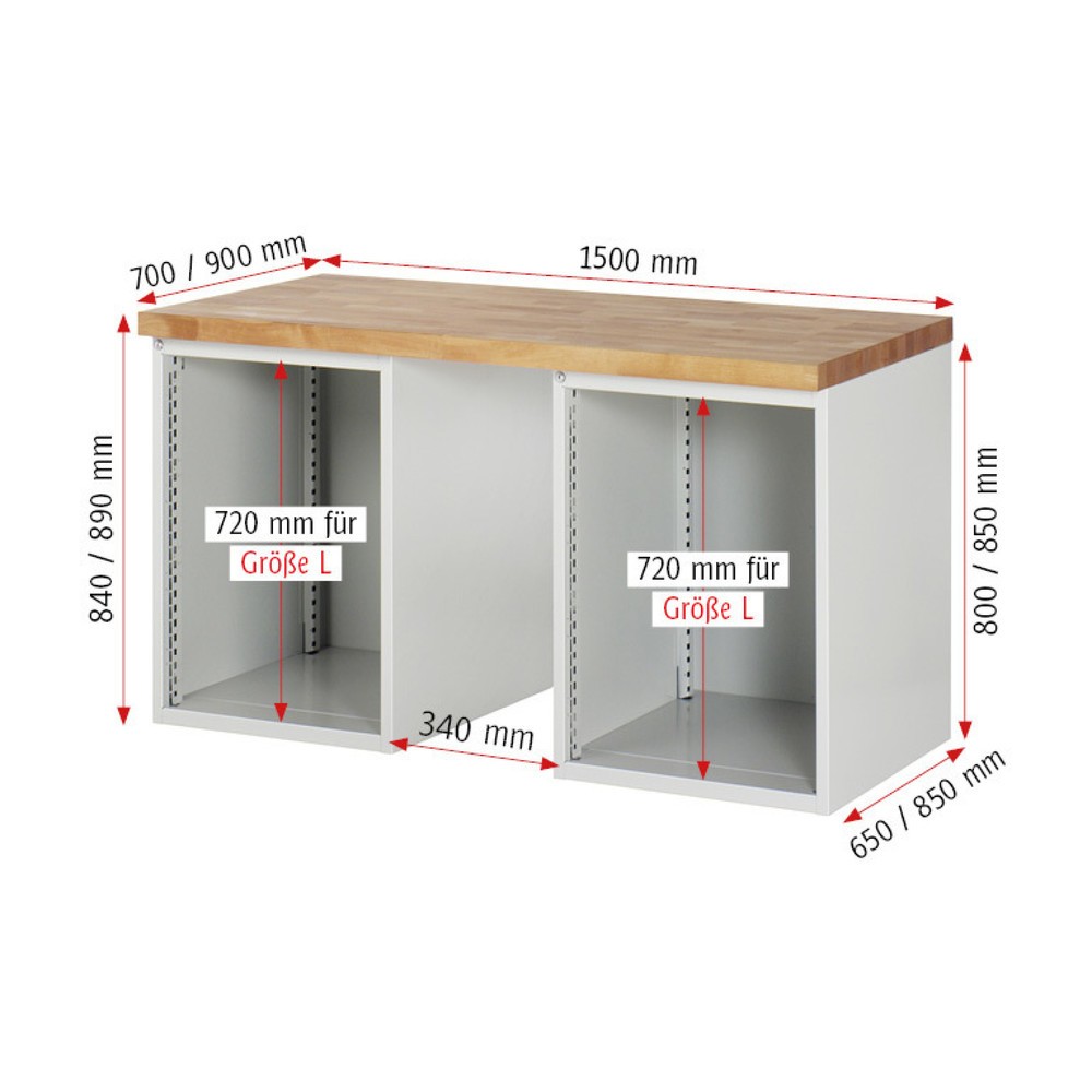 Immagine del prodotto n. 5: Banco da lavoro RAU serie 7000, 2 contenitori, AxLxP 840 x 1.500 x 900 mm, 8 cassetti estraibili al 90% 6 x 150 mm, 2 x 270 mm