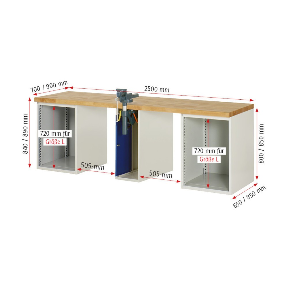 Immagine del prodotto n. 6: Banco da lavoro RAU serie 7000, 3 contenitori, AxLxP 840 x 2.500 x 700 mm, 8 cassetti estraibili al 90% 6 x 150 mm, 2 x 270 mm