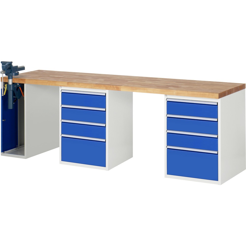 Immagine del prodotto: RAU Banco da lavoro Serie 7000, HxLxP 890 x 2.500 x 700 mm, 2 contenitori nella base, ciascuno con 4 cassetti e morsa da banco retrattile a sinistra