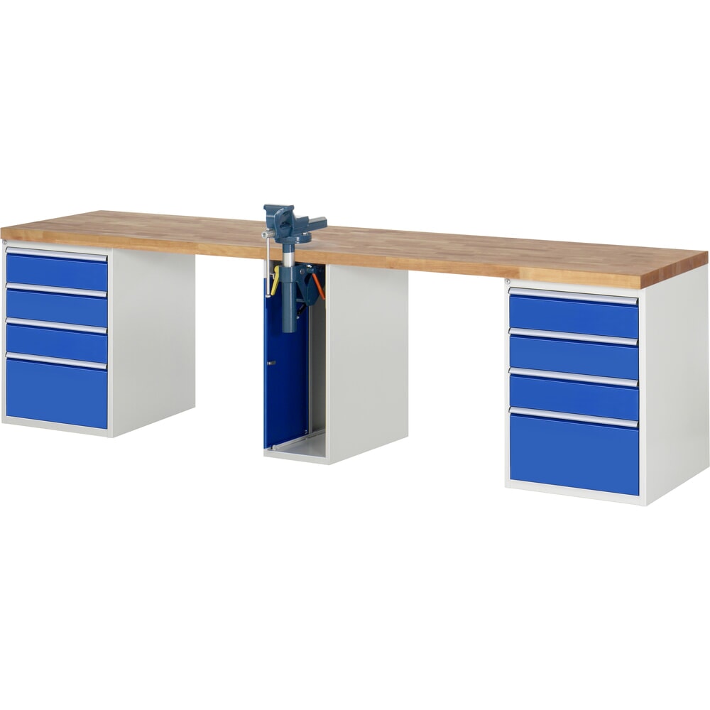 Immagine del prodotto: RAU Banco da lavoro Serie 7000, HxLxP 890 x 3.000 x 700 mm, 2 contenitori nella base, ciascuno con 4 cassetti e morsa da banco centrale retrattile