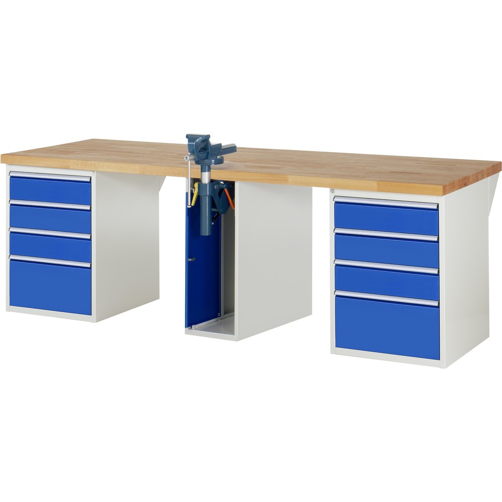 Immagine del prodotto: RAU Banco da lavoro Serie 7000, HxLxP 890 x 2.500 x 900 mm, 2 contenitori nella base, ciascuno con 4 cassetti e morsa da banco centrale retrattile