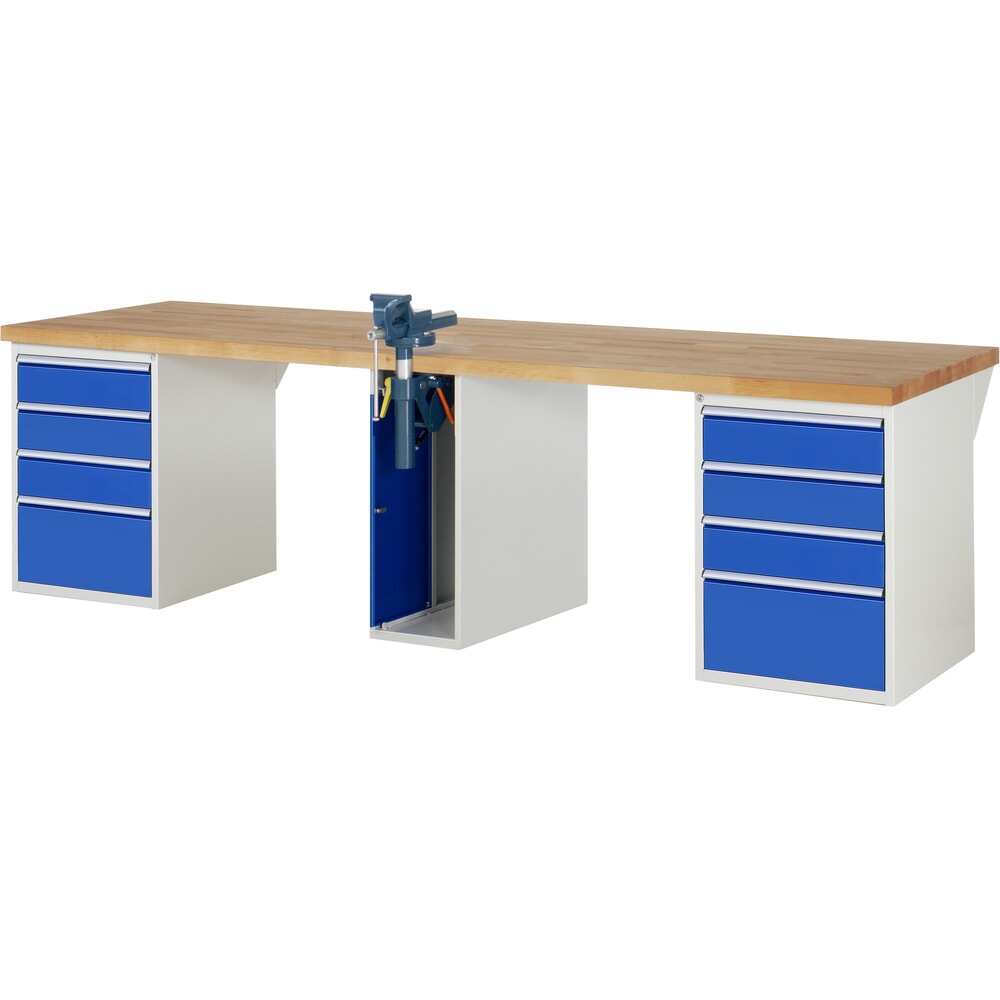 Immagine del prodotto: RAU Banco da lavoro Serie 7000, HxLxP 890 x 3.000 x 900 mm, 2 contenitori nella base, ciascuno con 4 cassetti e morsa da banco centrale retrattile