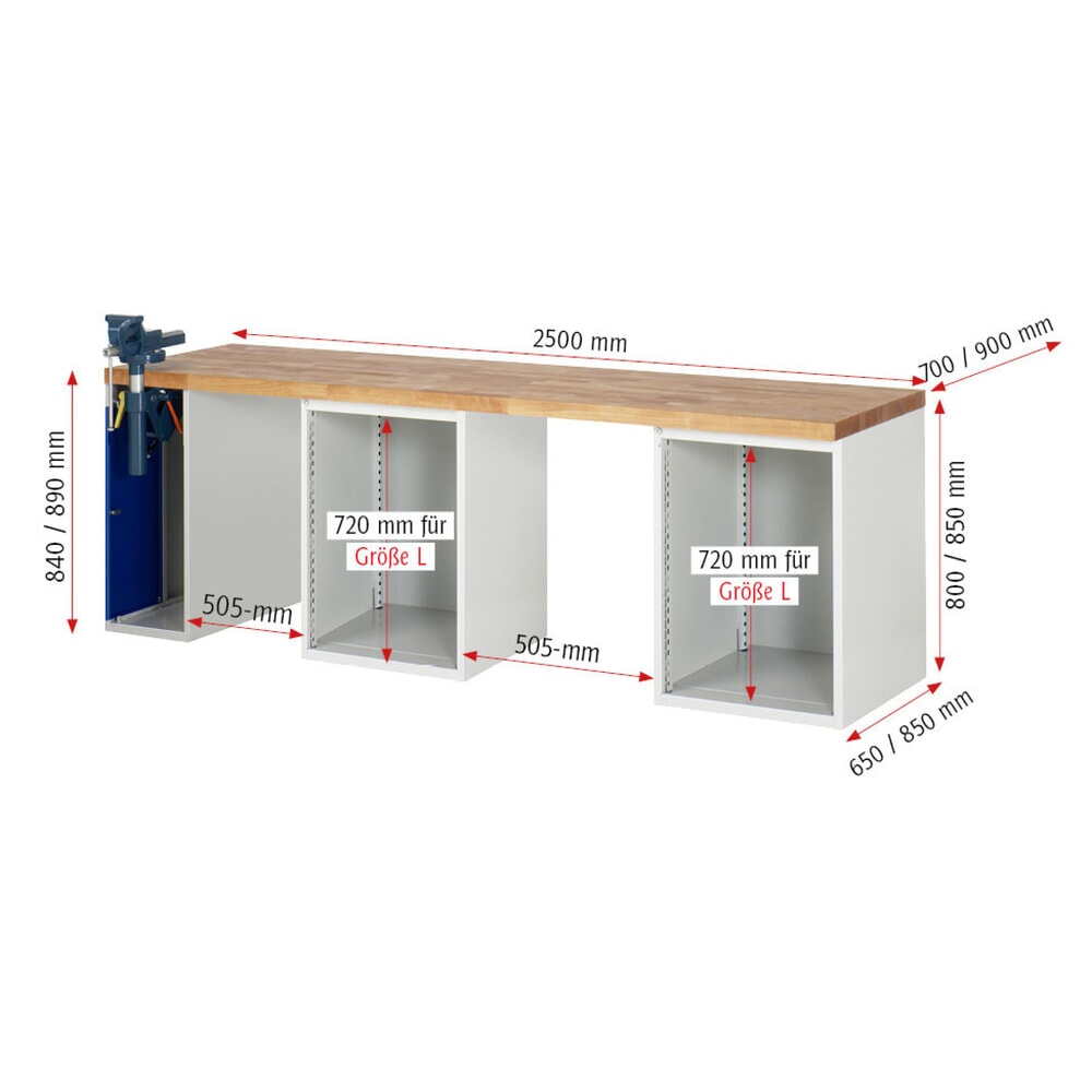 Immagine del prodotto n. 8: Banco da lavoro RAU serie 7000, 3 contenitori, AxLxP 890 x 2.500 x 700 mm, 8 cassetti 6 x 150 mm, 2 x 270 mm