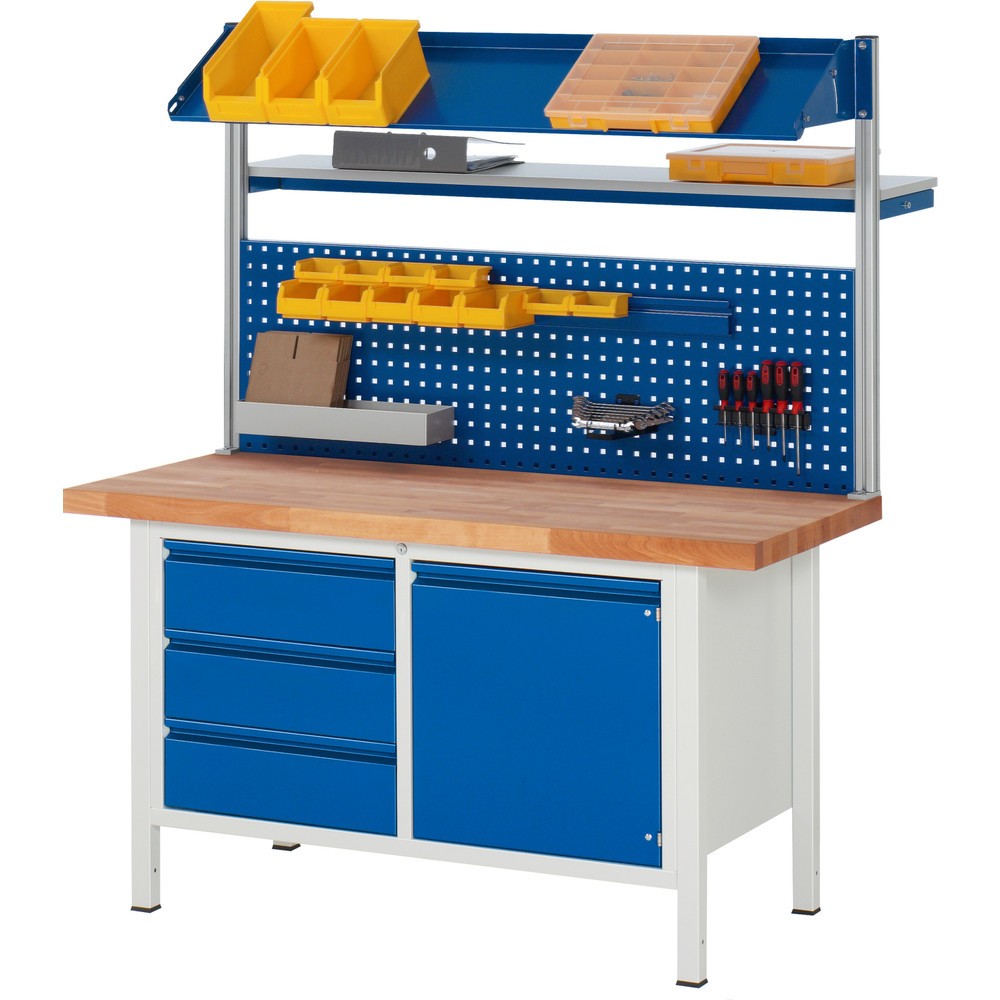 Immagine del prodotto: Banco da lavoro RAU serie 8000, 1 contenitore doppio, 1 anta battente, 1 ripiano, AxLxP 840 x 1.500 x 700 mm, 3 cassetti