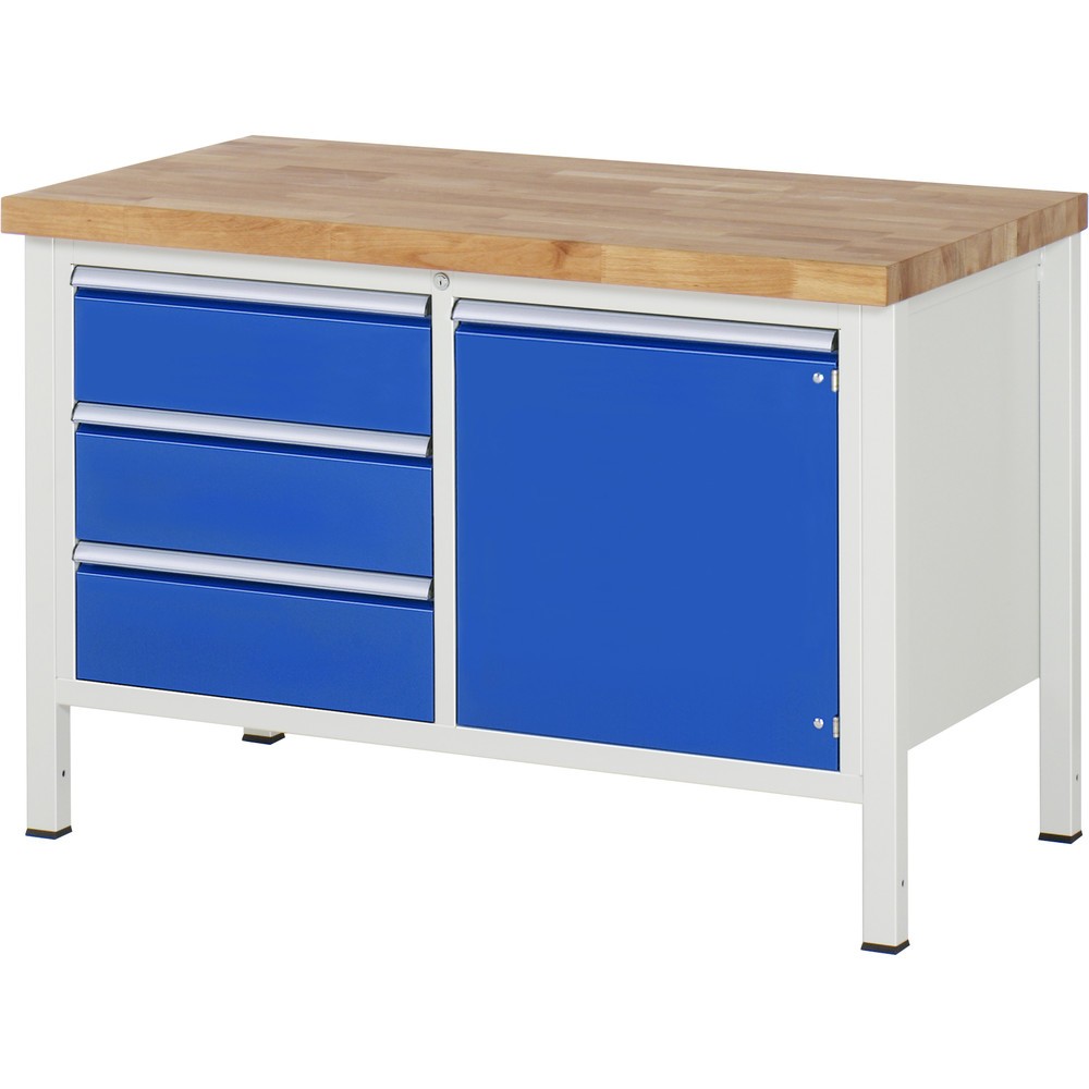 Immagine del prodotto: RAU Banco da lavoro Serie 8000, HxLxP 840-1.040 x 1.250 x 700 mm, 1 contenitore doppio nella base, con 3 cassetti e 1 anta battente