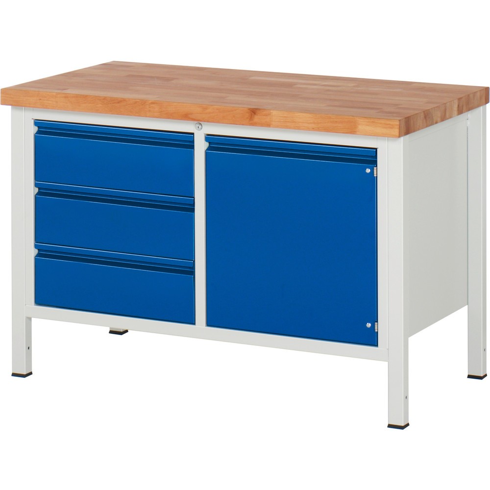 Immagine del prodotto: Banco da lavoro RAU serie 8000, 1 contenitore doppio, 1 ripiano, 1 anta battente, AxLxP 840 x 1.250 x 700 mm, 3 cassetti estraibili al 90%