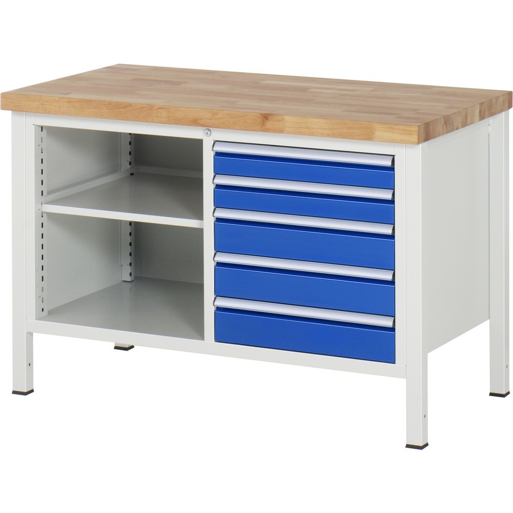Immagine del prodotto: Banco da lavoro RAU serie 8000, 1 contenitore doppio, AxLxP 840-1.040 x 1.250 x 700 mm, 5 cassetti
