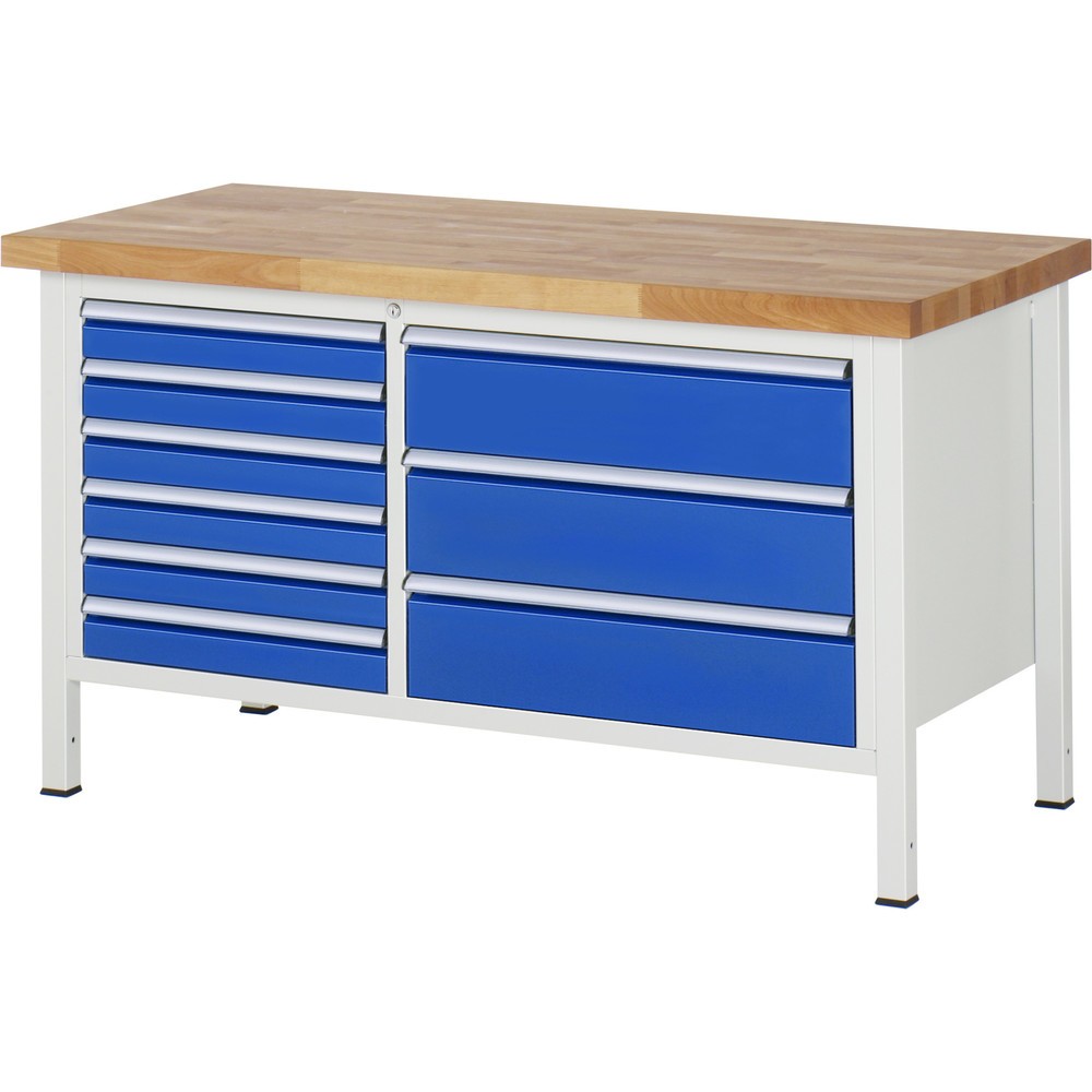 Immagine del prodotto: Banco da lavoro RAU serie 8000, 1 contenitore doppio, AxLxP 840 x 1.500 x 700 mm, 9 cassetti estraibili al 90% 6 x 90, 3 x 180 mm, portata cassetti 75/100 kg
