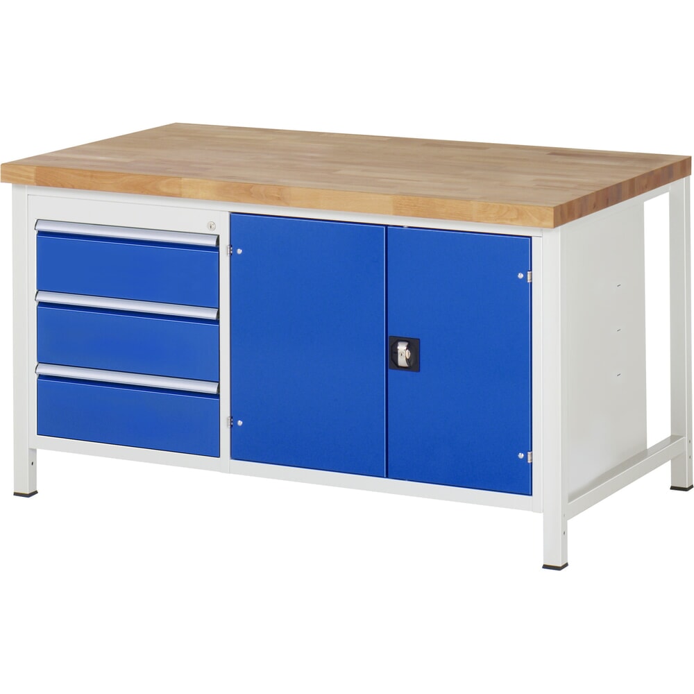 Immagine del prodotto: Banco da lavoro RAU serie 8000, 1 contenitore doppio, 1 ripiano, 1 anta a doppio battente, AxLxP 840 x 1.500 x 900 mm, 3 cassetti estraibili al 100%
