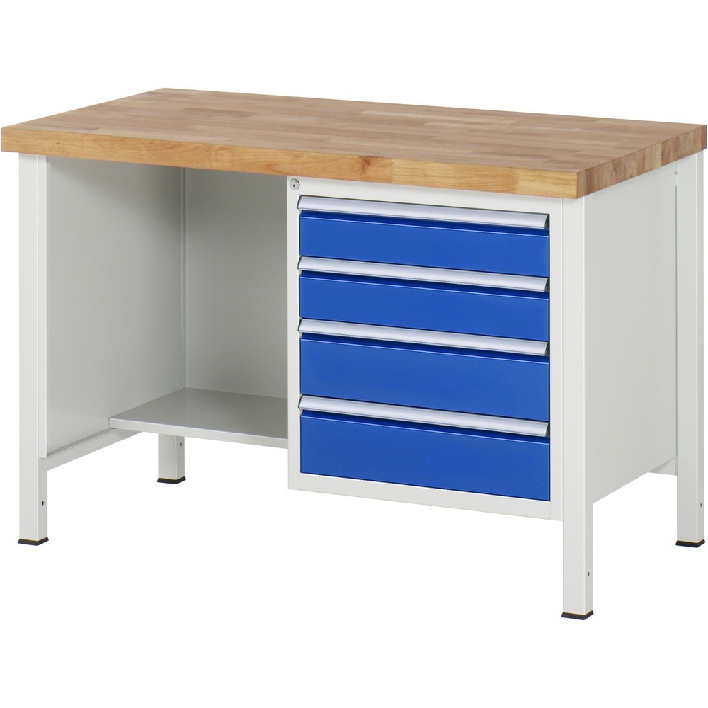 Immagine del prodotto: Banco da lavoro RAU serie 8000, 1 piano di appoggio, AxLxP 840-1.040 x 1.250 x 700 mm, 4 cassetti estraibili al 90%
