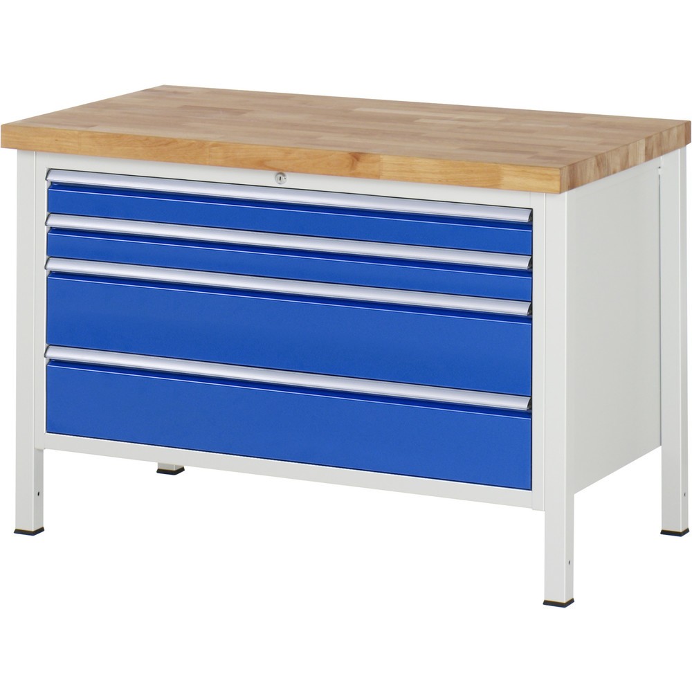 Immagine del prodotto: Banco da lavoro RAU serie 8000, AxLxP 840-1.040 x 1.250 x 700 mm, 4 cassetti estraibili al 90% 2 x 90, 2 x 180 mm, portata cassetti 50 kg