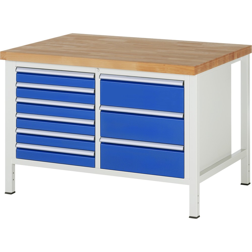 Immagine del prodotto: Banco da lavoro RAU serie 8000, 1 contenitore doppio, AxLxP 840 x 1.250 x 900 mm, 9 cassetti estraibili al 90% 6 x 90, 3 x 180 mm, portata cassetti 100 kg