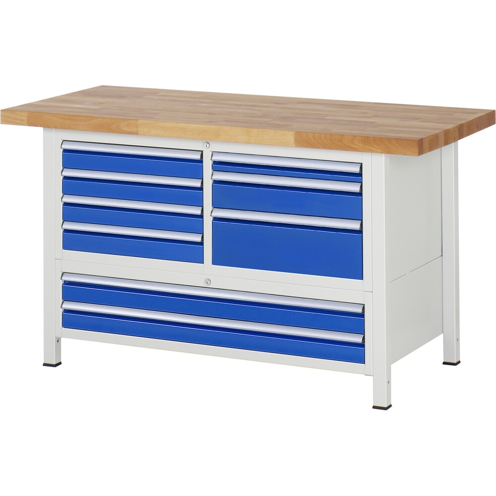Immagine del prodotto: Banco da lavoro RAU serie 8000, 1 contenitore triplo, AxLxP 840-1.040 x 1.500 x 700 mm, 7 L + 2 cassetti XXL, estraibili al 100%