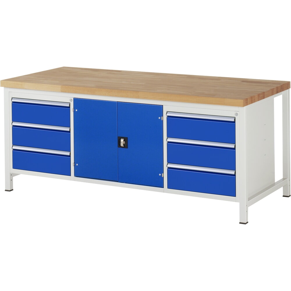 Immagine del prodotto: Banco da lavoro RAU serie 8000, 1 contenitore triplo, 1 ripiano, 1 anta battente, AxLxP 840-1.040 x 2.000 x 900 mm, 6 cassetti estraibili al 100% 6 x 180 mm