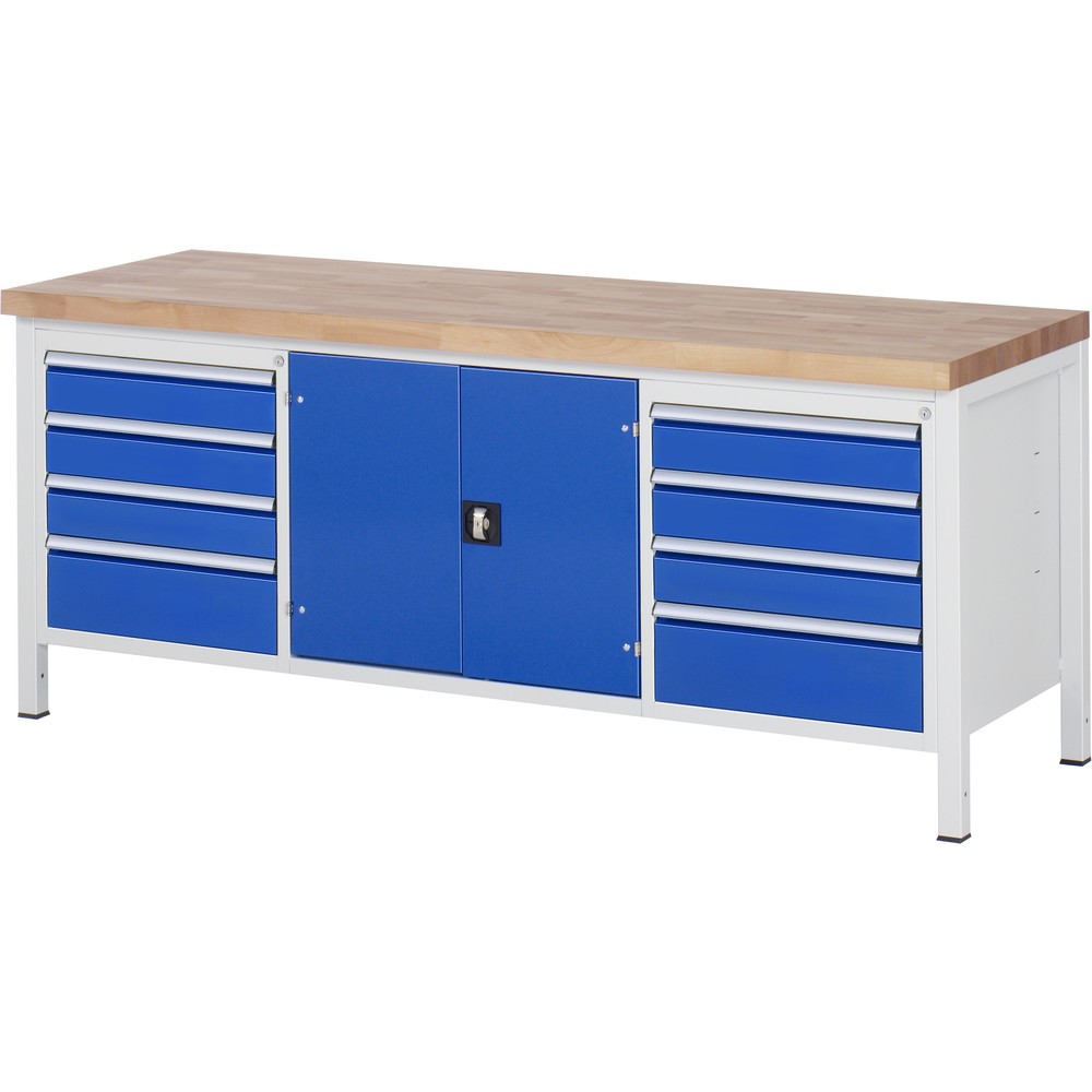 Immagine del prodotto: Banco da lavoro RAU serie 8000, 1 contenitore triplo, 1 piano di appoggio, 1 anta battente, HxLxP 840 x 2.000 x 700 mm, 8 cassetti estraibili al 90%
