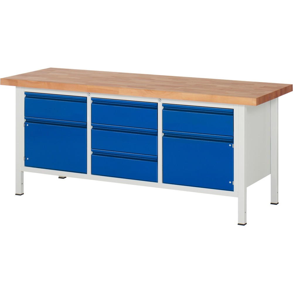 Immagine del prodotto: Banco da lavoro RAU serie 8000, 1 contenitore triplo, 2 ante battenti, AxLxP 840-1.040 x 2.000 x 700 mm, 5 cassetti, maniglia integrata