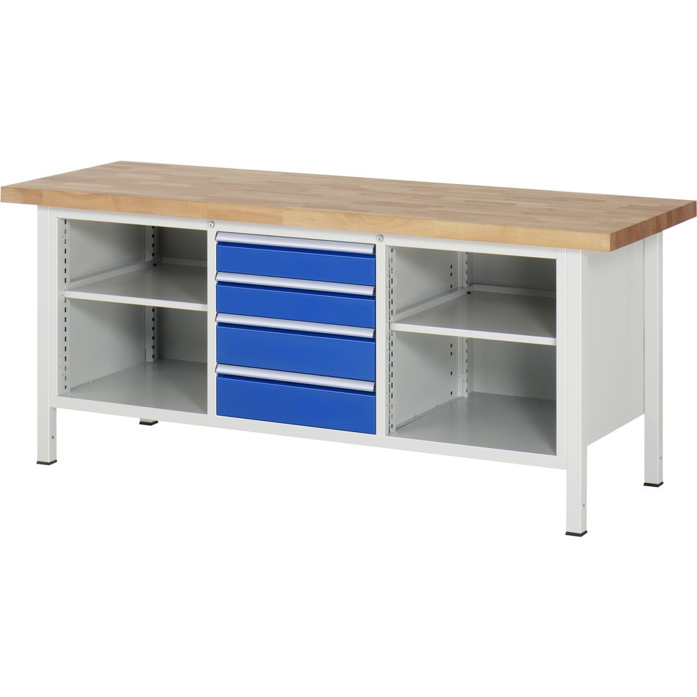 Immagine del prodotto: Banco da lavoro RAU serie 8000, 1 contenitore triplo, 2 piani di appoggio, AxLxP 840 x 2.000 x 700 mm, 4 cassetti estraibili al 90%, portata cassetti 100 kg
