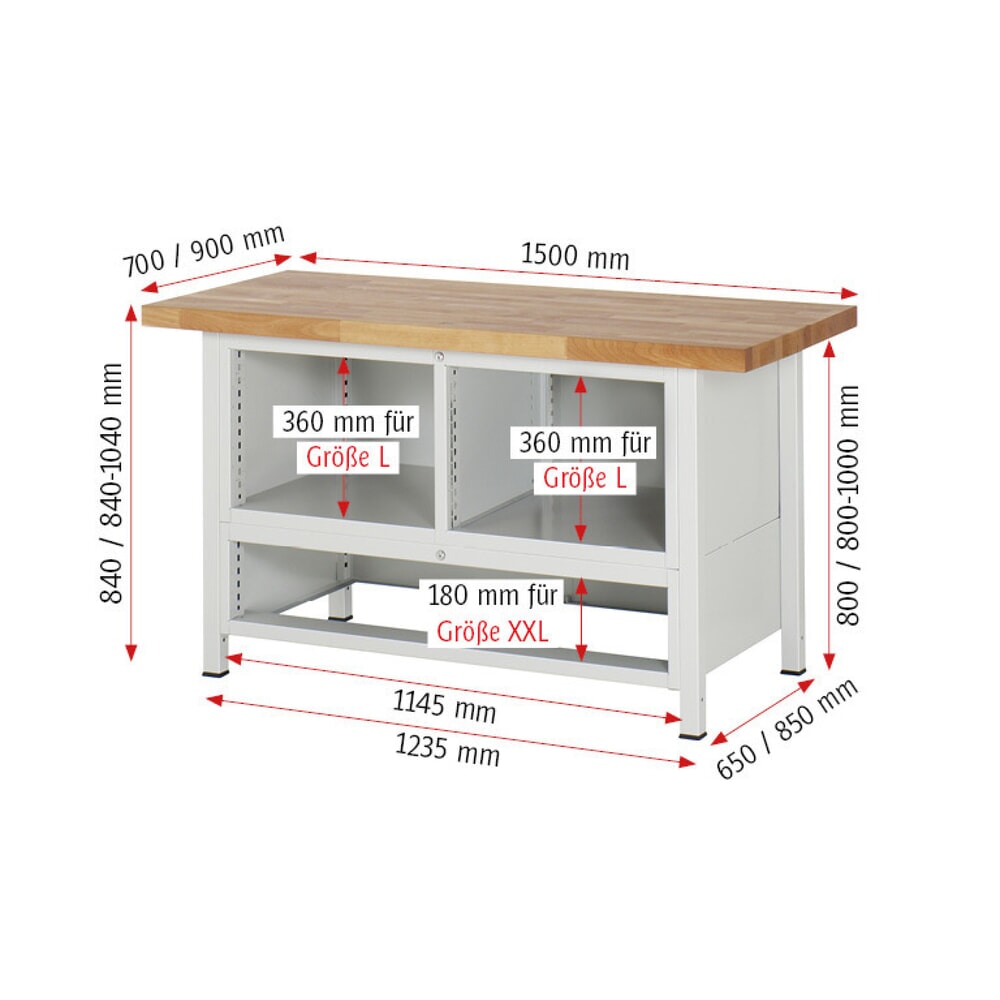 Immagine del prodotto n. 8: Banco da lavoro RAU serie 8000, 1 contenitore triplo, AxLxP 840-1.040 x 1.500 x 700 mm, 7 cassetti estraibili al 100% 3 x 60, 4 x 180 mm