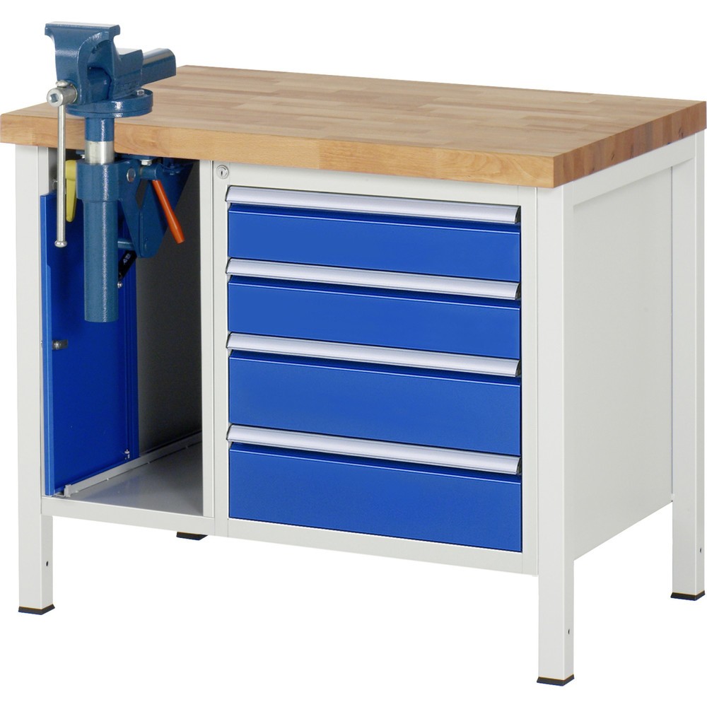 Immagine del prodotto: Banco da lavoro RAU serie 8000, 2 contenitori, AxLxP 840-1.040 x 1.000 x 700 mm, 4 cassetti estraibili al 90% 2 x 120, 2 x 150 mm, incl. morsa