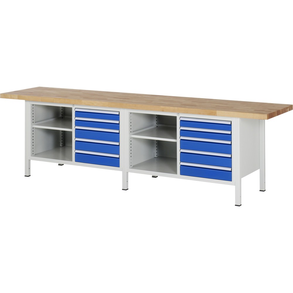 Immagine del prodotto: Banco da lavoro RAU serie 8000, 2 contenitori doppi, AxLxP 840 x 3.000 x 700 mm, 10 cassetti, 1 piano di appoggio, profondità 350 mm