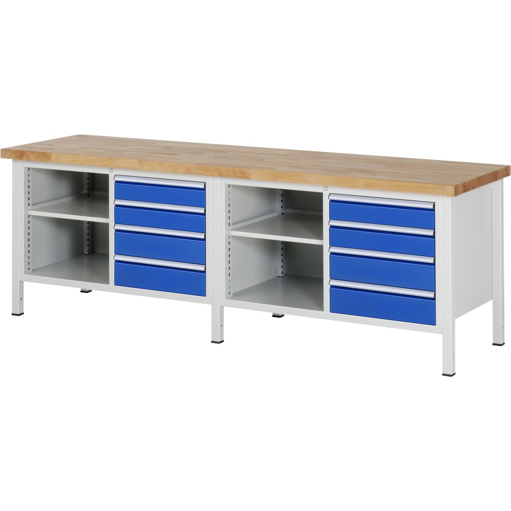 Immagine del prodotto: Banco da lavoro RAU serie 8000, 2 contenitori doppi, 1 ripiano, AxLxP 840-1.040 x 2.500 x 700 mm, 8 cassetti