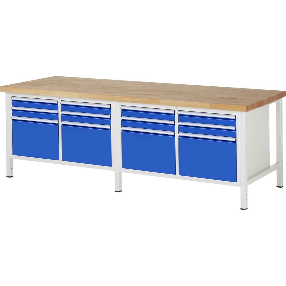 Immagine del prodotto: Banco da lavoro RAU serie 8000, 2 contenitori doppi, AxLxP 840-1.040 x 2.500 x 900 mm, 12 cassetti 8 x 90, 4 x 360 mm