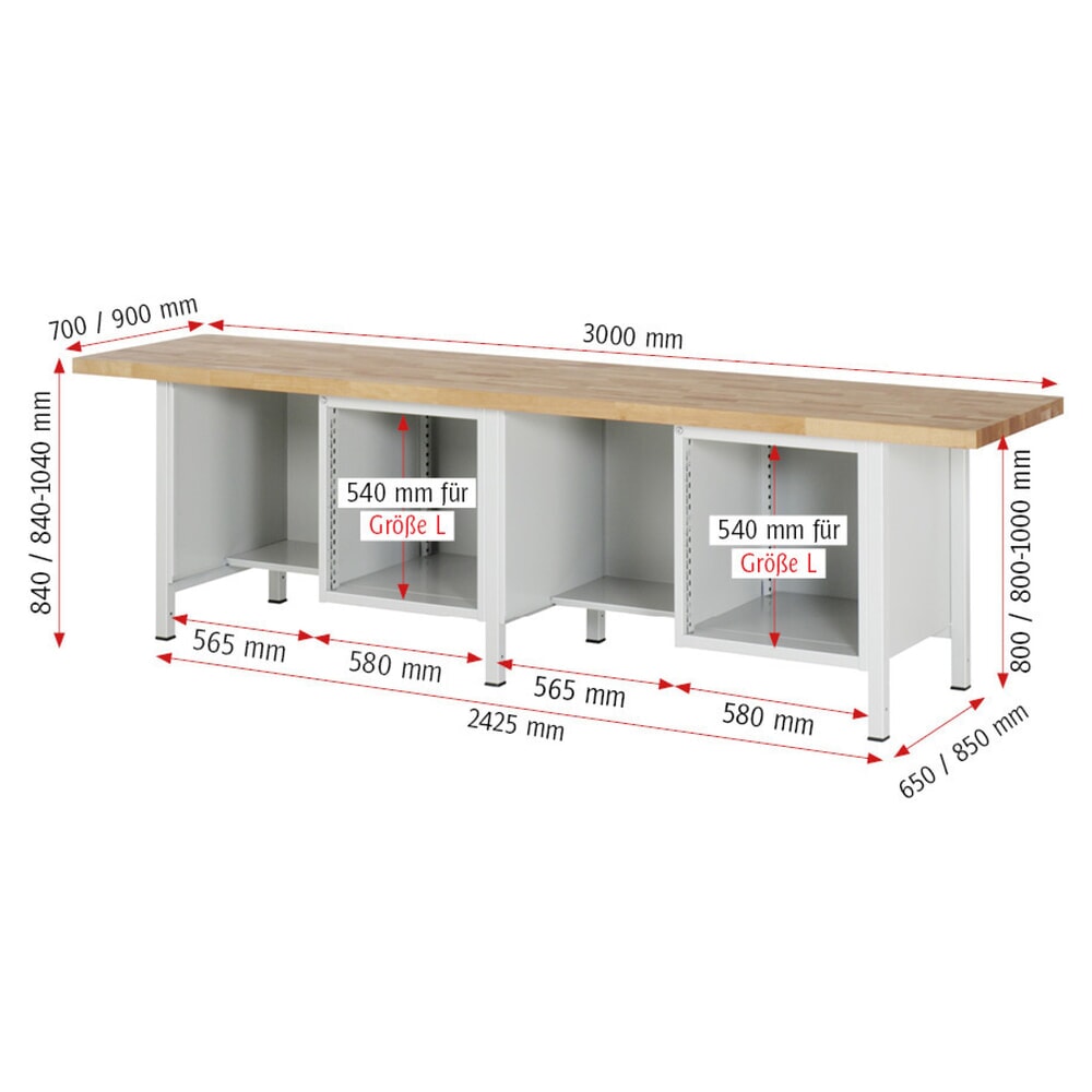 Immagine del prodotto n. 7: Banco da lavoro RAU serie 8000, 2 contenitori, AxLxP 840-1.040 x 3.000 x 700 mm, 6 cassetti estraibili al 100%