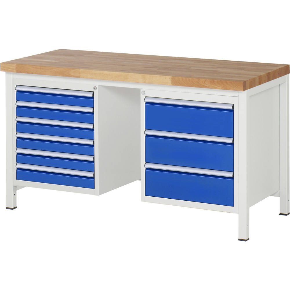 Immagine del prodotto: Banco da lavoro RAU serie 8000, 2 contenitori, AxLxP 840-1.040 x 1.500 x 700 mm, 9 cassetti estraibili al 90%