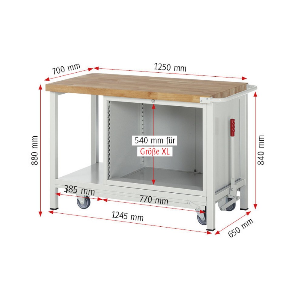 Immagine del prodotto n. 8: Banco da lavoro RAU serie 8000 con telaio abbassabile, 1 contenitore, 1 piano di appoggio, AxLxP 880 x 1.250 x 700 mm, 2 cassetti estraibili al 90%