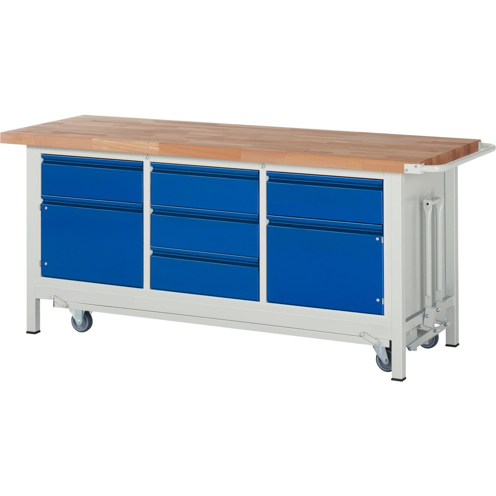 Immagine del prodotto: Banco da lavoro RAU serie 8000 con telaio abbassabile, 1 contenitore triplo, AxLxP 880 x 2.000 x 700 mm, 5 cassetti, 2 ante battenti