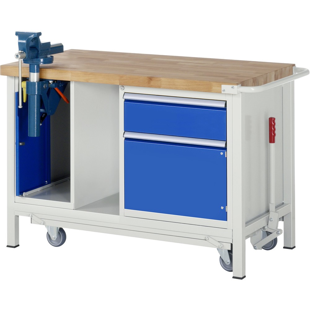 Immagine del prodotto: RAU Banco da lavoro con carrello Serie 8000, HxLxP 880 x 1.250 x 700 mm, 1 contenitore nella base, con 1 anta battente e 1 morsa da banco retrattile
