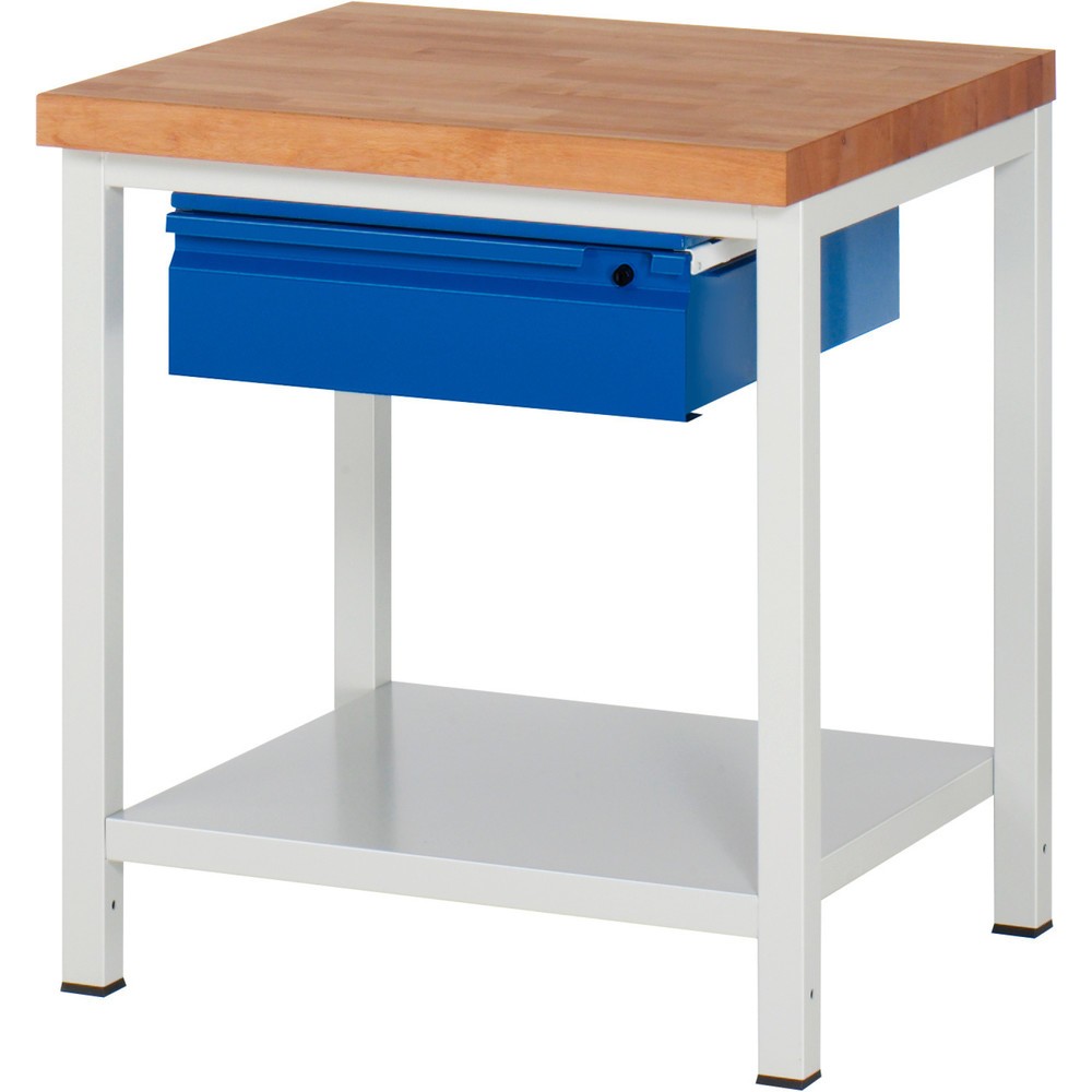 Immagine del prodotto n. 1: Banco da lavoro RAU serie 8000, piano di lavoro in faggio massiccio, spessore 40 mm, AxLxP 840-1.040 x 750 x 700 mm, 1 cassetto, 1 piano di appoggio profondità 650 mm