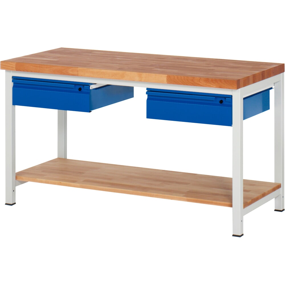 Immagine del prodotto: Banco da lavoro RAU serie 8000, piano di lavoro in faggio massiccio, spessore 40 mm, AxLxP 840 x 1.500 x 700 mm, 2 cassetti, 1 piano di appoggio profondità 557 mm
