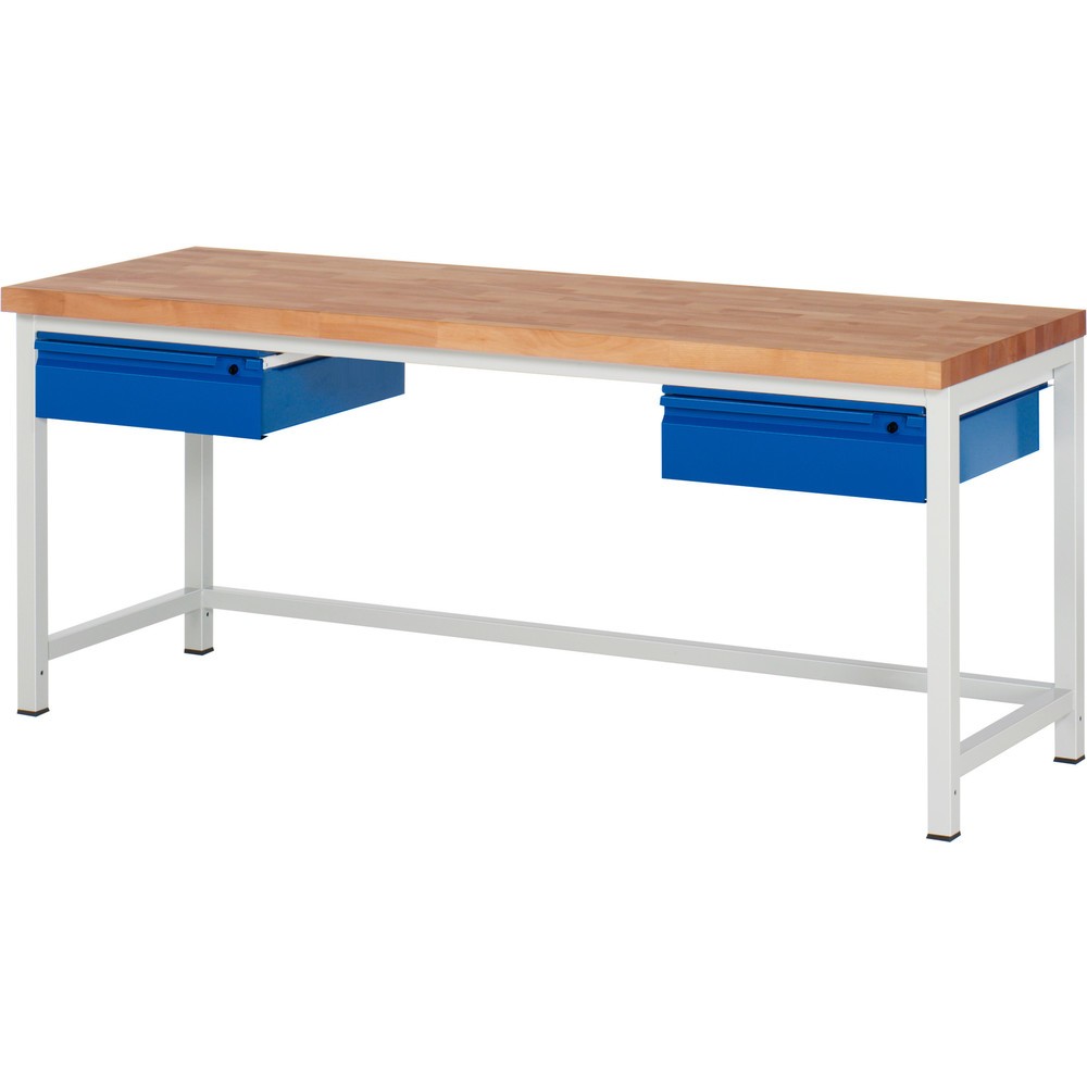 Immagine del prodotto: Banco da lavoro RAU serie 8000, piano di lavoro in faggio massiccio, spessore 40 mm, AxLxP 840 x 2.000 x 700 mm, 2 cassetti 2 x 150 mm