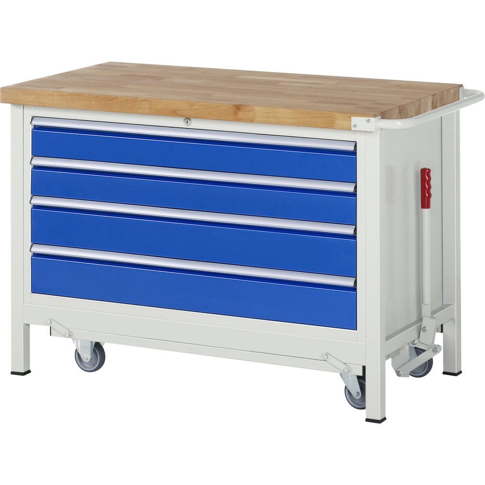 Imagen del producto: Banco de trabajo RAU serie 8000 con bastidor con ruedas abatible, 1 contenedor, HxAxF 880 x 1.250 x 700 mm, 4 cajones extraíbles al 90%, ancho 1.055 mm
