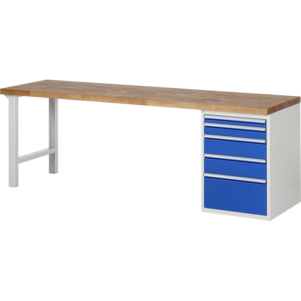 Imagen del producto: Banco de trabajo RAU serie 7000, 1 contenedor, HxAxF 890 x 2.500 x 700 mm, 5 cajones extraíbles al 90 %, 1 x 60, 1 x 90, 2 x 150, 1 x 270 mm, CC por cajón 100 kg