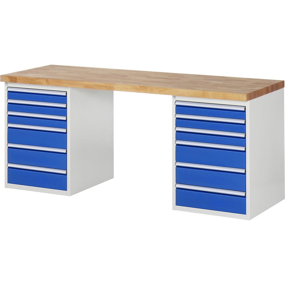 Imagen del producto: Banco de trabajo RAU serie 7000, 2 contenedores, HxAxF 890 x 2.000 x 700 mm, 12 cajones extraíbles al 90 %: 6 x 90 mm y 6 x 150 mm
