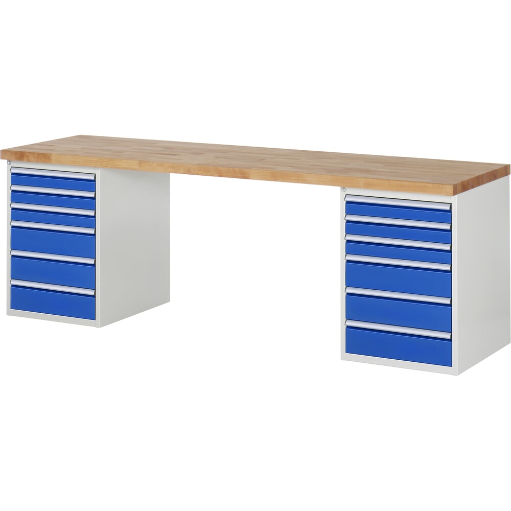 Imagen del producto: Banco de trabajo RAU serie 7000, 2 contenedores, HxAxF 890 x 2.500 x 700 mm, 12 cajones extraíbles al 90 %: 6 x 90 mm y 6 x 150 mm
