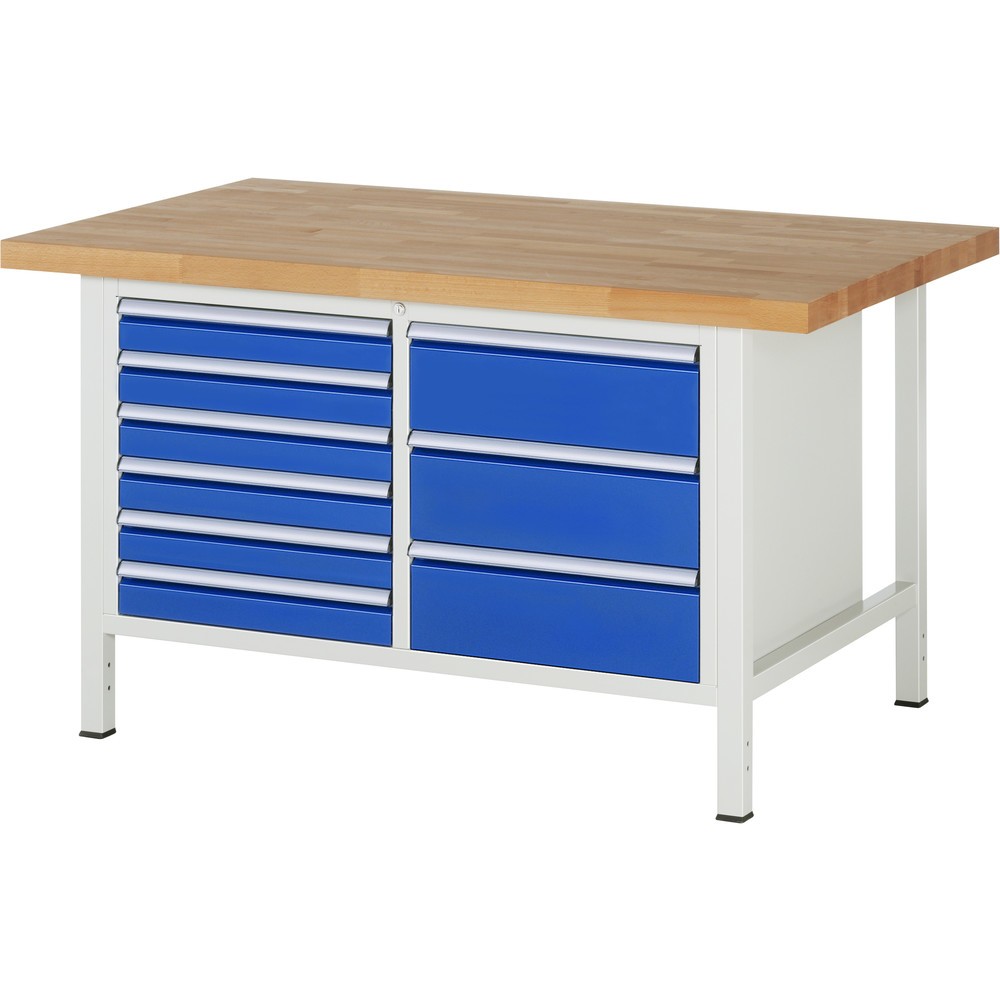 Imagen del producto: Banco de trabajo RAU serie 8000, 1 contenedor doble, HxAxF 840-1.040 x 1.500 x 900 mm, 9 cajones extraíbles al 90 %, 6 x 90, 3 x 180 mm, ancho 490 mm