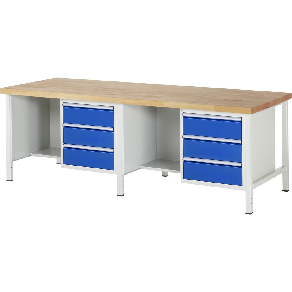 Imagen del producto: Banco de trabajo RAU serie 8000, 2 contenedores, 1 estante inferior, HxAxF 840-1.040 x 2.500 x 900 mm, 6 cajones extraíbles al 90%