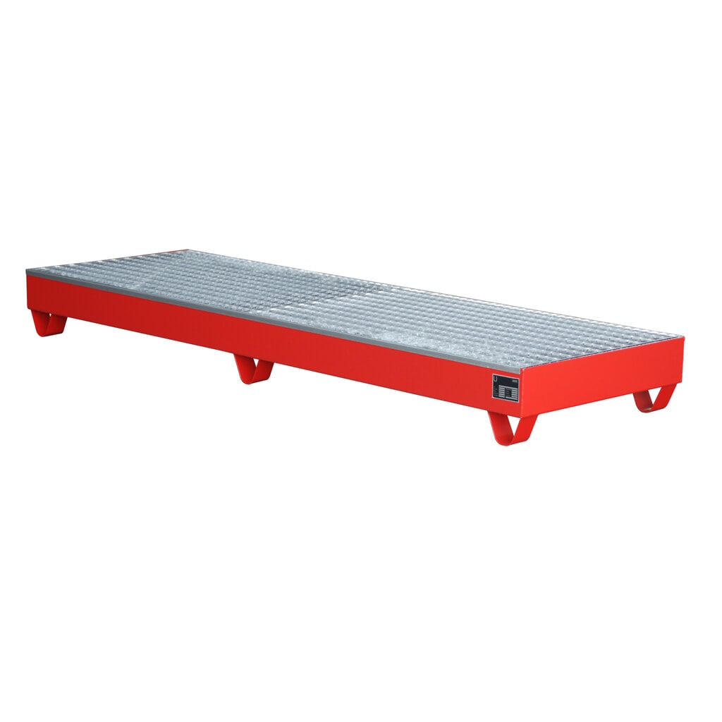 Bauer® Auffangwanne aus Stahl, Unterfahrhöhe 100 mm, HxBxT 250 x 2.400 x 800 mm, inkl. Gitterrost, 4x 200 l, feuerrot Produktabbildung Nr. 2: Bauer® Auffangwanne aus Stahl, Unterfahrhöhe 100 mm, HxBxT 250 x 2.400 x 800 mm, inkl. Gitterrost, 4x 200 l, feuerrot