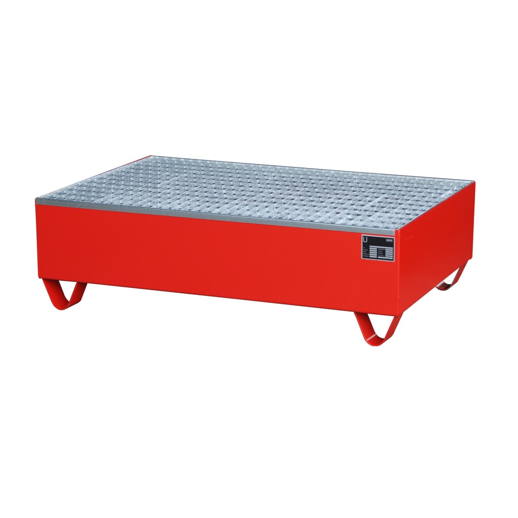 Produktabbildung: Bauer® Auffangwanne aus Stahl, Unterfahrhöhe 100 mm, HxBxT 360 x 1.200 x 800 mm, inkl. Gitterrost, 2x 200 l, feuerrot