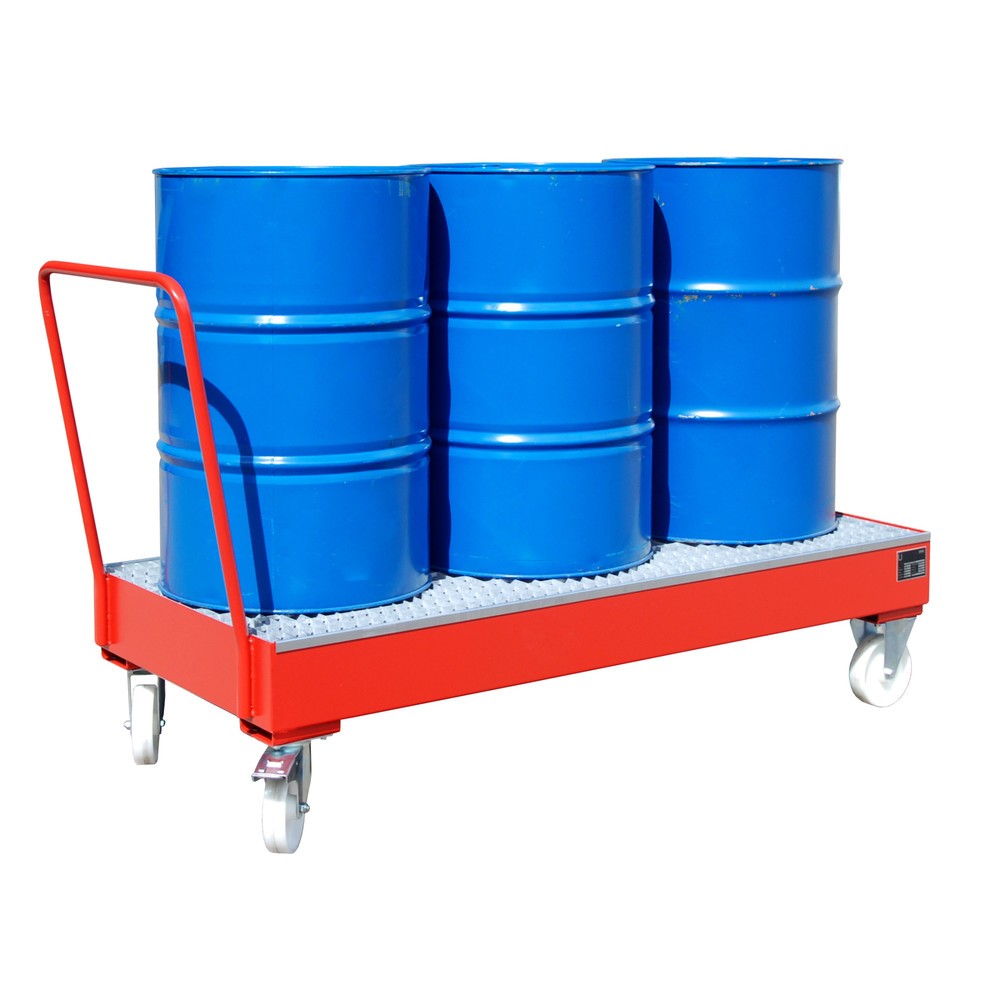 Imagen del producto: Bauer® cubeta de retención de acero, móvil, 3 x 200 l en posición vertical, capacidad 202 l, rojo fuego