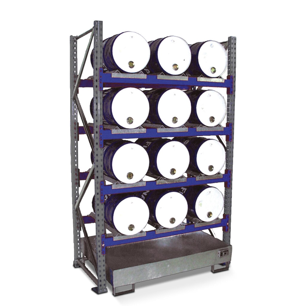 Bauer® Fassregal inkl. Auffangwanne, GF, 4 Ebenen, ohne Gitterrost, 12x 60 l liegend Produktabbildung: Bauer® Fassregal inkl. Auffangwanne, GF, 4 Ebenen, ohne Gitterrost, 12x 60 l liegend