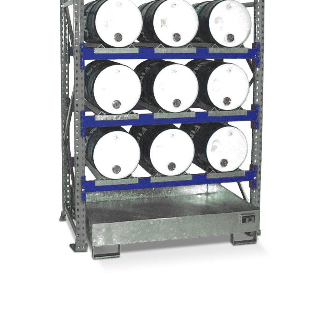 Produktabbildung: Bauer® Fassregal inkl. Auffangwanne, GF, 3 Ebenen, ohne Gitterrost, 9x 60 l liegend