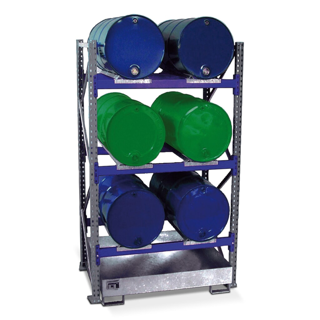 Produktabbildung: Bauer® Fassregal inkl. Auffangwanne, GF, 3 Ebenen, ohne Gitterrost, 6x 200 l liegend