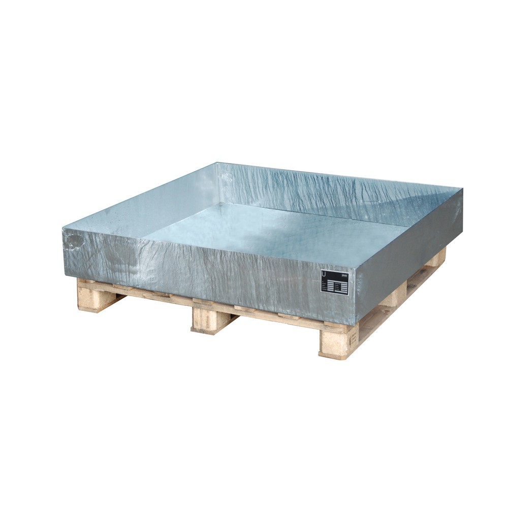 Bauer® Auffangwanne aus Stahl, Aufsatz für Euro- oder Chemiepaletten, HxBxT 185 x 1.200 x 1.200 mm, ohne Gitterrost, feuerverzinkt Produktabbildung: Bauer® Auffangwanne aus Stahl, Aufsatz für Euro- oder Chemiepaletten, HxBxT 185 x 1.200 x 1.200 mm, ohne Gitterrost, feuerverzinkt