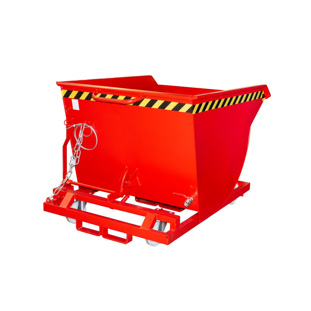Produktabbildung: Bauer® Späne-Kippbehälter mit Abrollmechanik und Rollensatz, niedrige Bauhöhe, mit Einfahrtaschen, lackiert, Volumen 0,5 m³, RAL 3000 feuerrot
