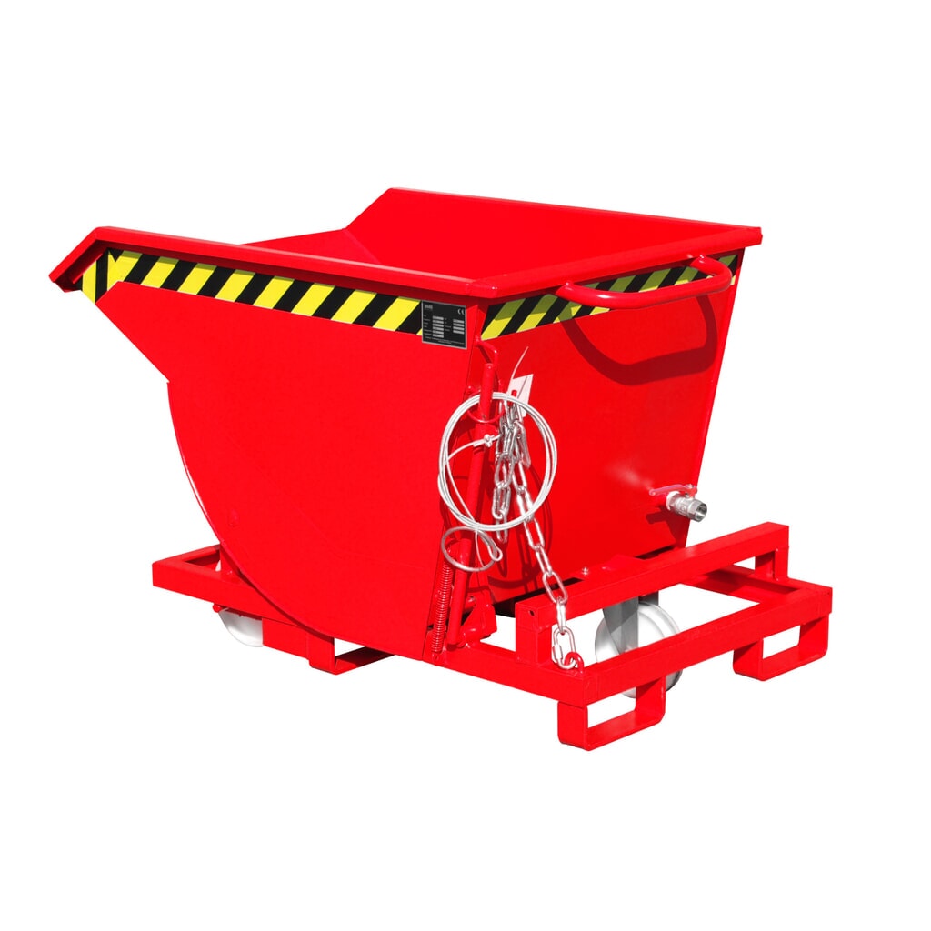 Bauer® Späne-Kippbehälter mit Abrollmechanik und Rollensatz, niedrige Bauhöhe, mit Einfahrtaschen, lackiert, Volumen 0,3 m³, RAL 3000 feuerrot Produktabbildung: Bauer® Späne-Kippbehälter mit Abrollmechanik und Rollensatz, niedrige Bauhöhe, mit Einfahrtaschen, lackiert, Volumen 0,3 m³, RAL 3000 feuerrot